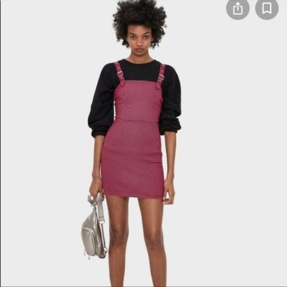 Bershka Houndstooth Overall Mini Dress Pink&Black New Without Tags Medium - Picture 3 of 9